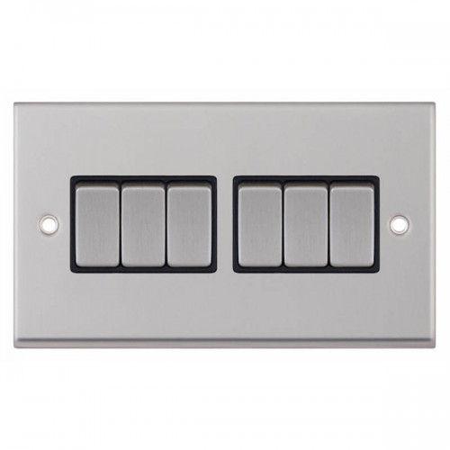 Selectric 7MPRO-205 Satin Chrome 6 Gang 10A 2 Way Switch with Black Insert