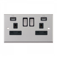 Selectric 7MPRO-261 Satin Chrome 2 Gang 13A Switched Socket with USB Outlet and Black Insert