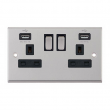 Selectric 7MPRO-261 Satin Chrome 2 Gang 13A Switched Socket with USB Outlet and Black Insert