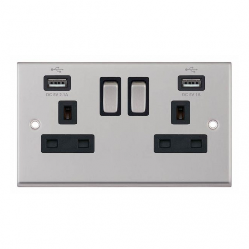 Selectric 7M-Pro Satin Chrome 2 Gang 13A Switched Socket with USB Outlet and Black Insert
