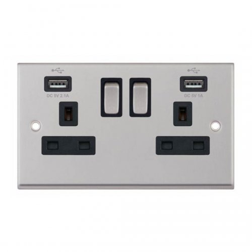 Selectric 7MPRO-261 Satin Chrome 2 Gang 13A Switched Socket with USB Outlet and Black Insert