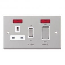 Selectric 7MPRO-131 Satin Chrome 45A DP Switch and 13A Switched Socket with Neon and White Insert