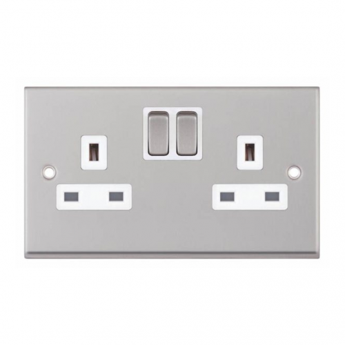 Selectric 7M-Pro Satin Chrome 2 Gang 13A Switched Socket with White Insert