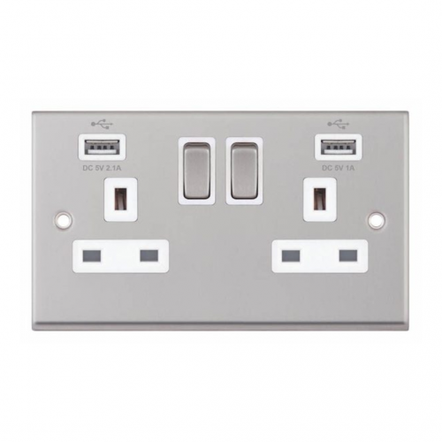 Selectric 7MPRO-161 Satin Chrome 2 Gang 13A Switched Socket with USB Outlet and White Insert