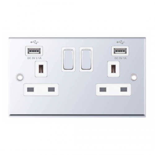 Selectric 7MPRO-361 Polished Chrome 2 Gang 13A Switched Socket with USB Outlet and White Insert