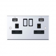 Selectric 7MPRO-561 Polished Chrome 2 Gang 13A Switched Socket with USB Outlet and Black Insert