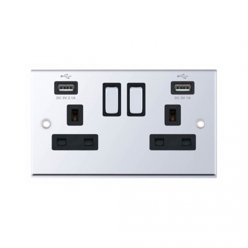 Selectric 7MPRO-561 Polished Chrome 2 Gang 13A Switched Socket with USB Outlet and Black Insert