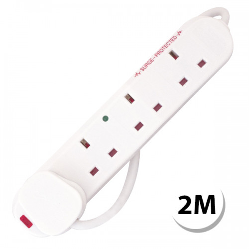 4 Gang 13 Amp Anti-Surge/Spike Extension Lead with Green & Red Neons – 2 Metre Lead – Unswitched – White