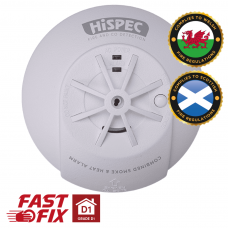 Hispec Radio Frequency COMBO Fast Fix Mains Wired Smoke & Heat Detector with 10yr Rechargeable Lithium Battery Backup