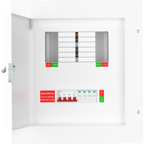 Live Electrical TPN04-125S 125 Amp 4 Way TPN Distribution Board with SPD