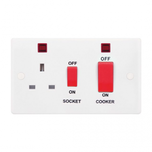 Selectric Smooth 45A DP Switch and 13A Switched Socket with Neon and Red Rockers 