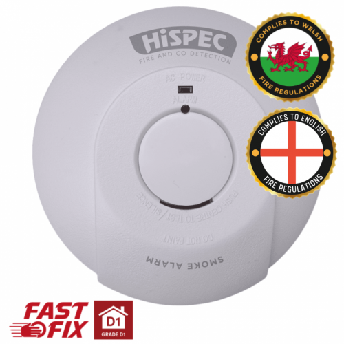 Hispec Fast Fix Mains Smoke Detector with 10 Year Rechargeable Lithium Battery Backup