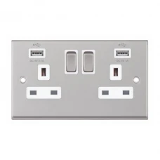 Selectric 7MPRO-161 Satin Chrome 2 Gang 13A Switched Socket with USB Outlet and White Insert