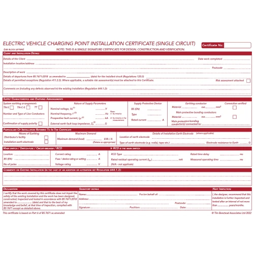 Docs Store Electrical Vehicle Charging Point Installation Certificate BS 7671: 2018+A2:2022 Pack of 5