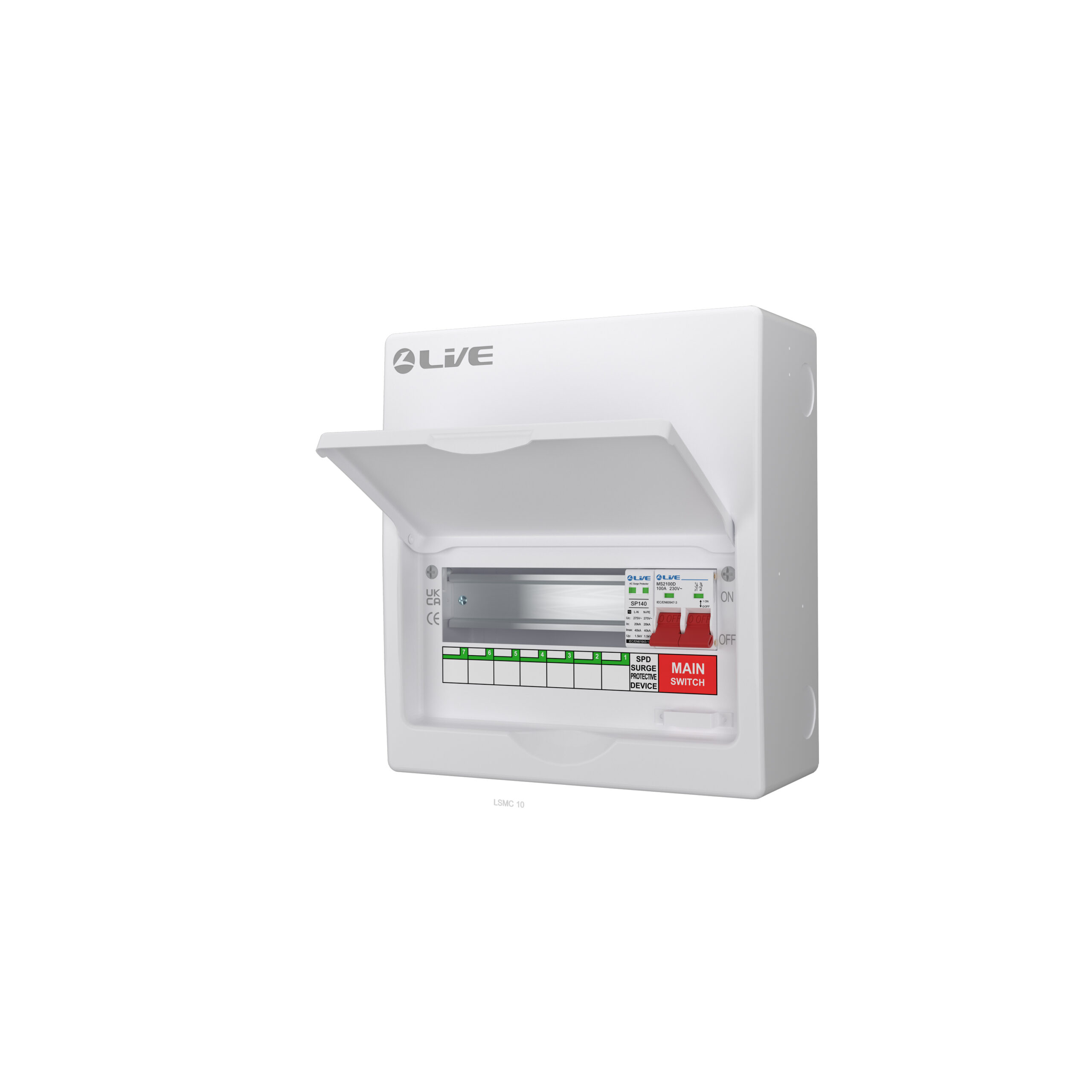 Live LSMC10M-SP 10 Way (7 Usable Way) Metal Clad Surge Protection Consumer Unit 100A Main Switch