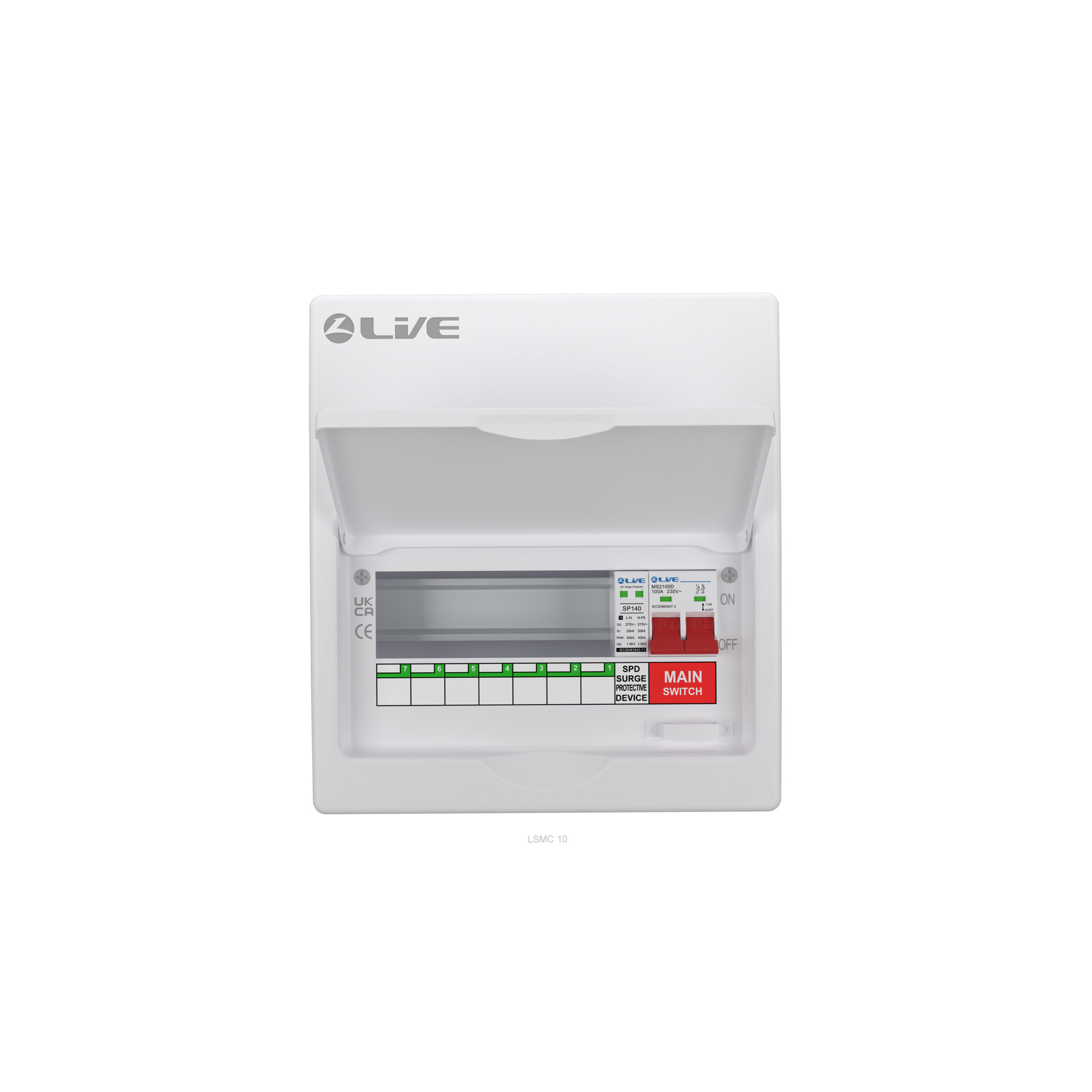 Live LSMC10M-SP 10 Way (7 Usable Way) Metal Clad Surge Protection Consumer Unit 100A Main Switch