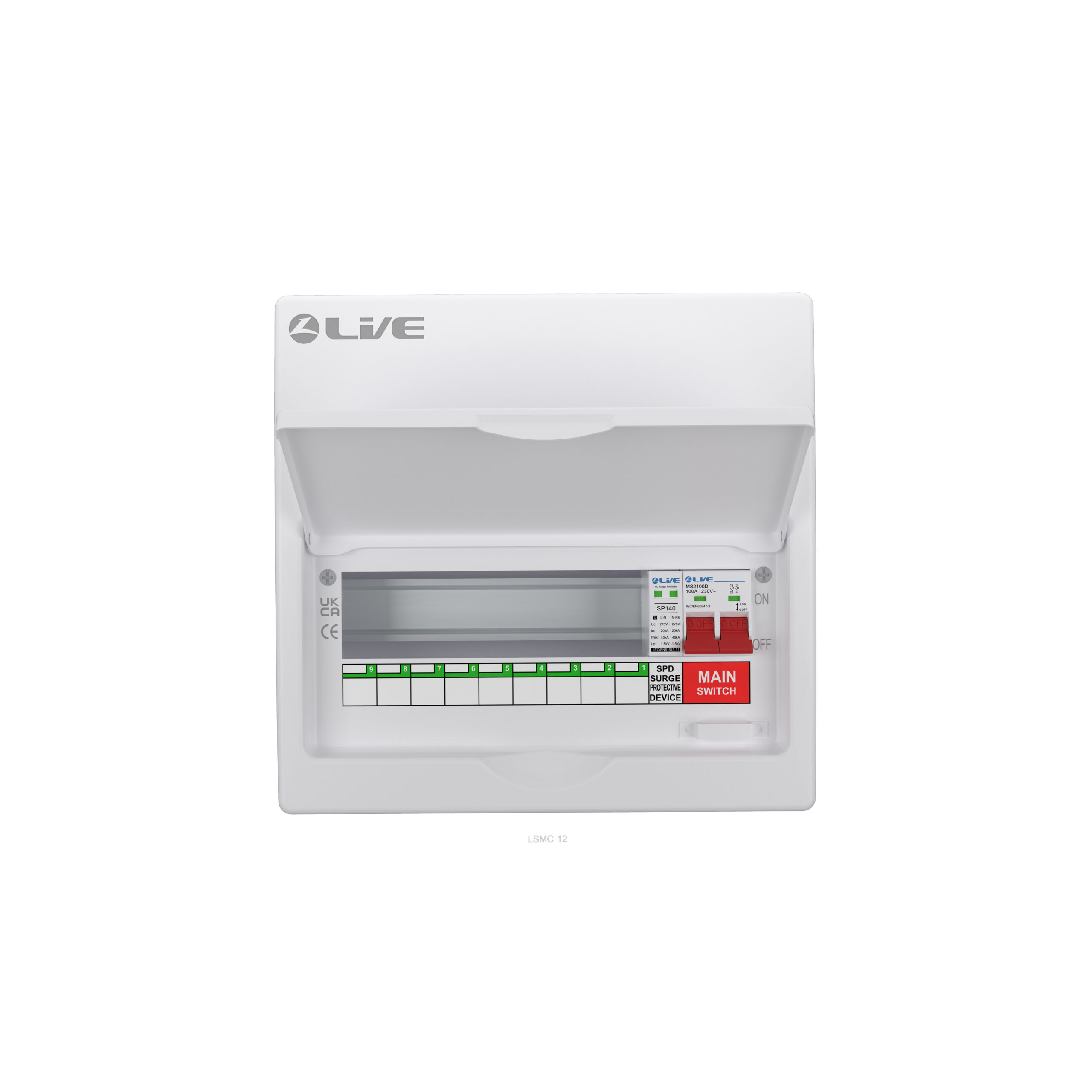 Live LSMC12M-SP 12 Way (9 Usable Way) Metal Clad Surge Protection Consumer Unit 100A Main Switch