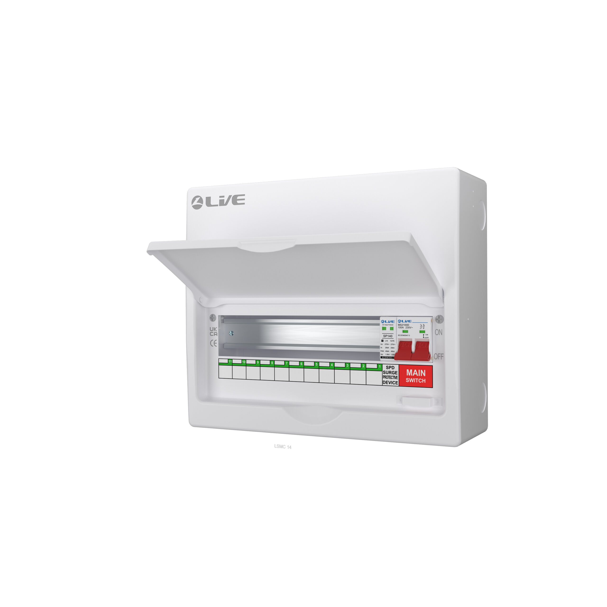 Live LSMC14M-SP 14 Way (11 Usable Way) Metal Clad Surge Protection Consumer Unit 100A Main Switch