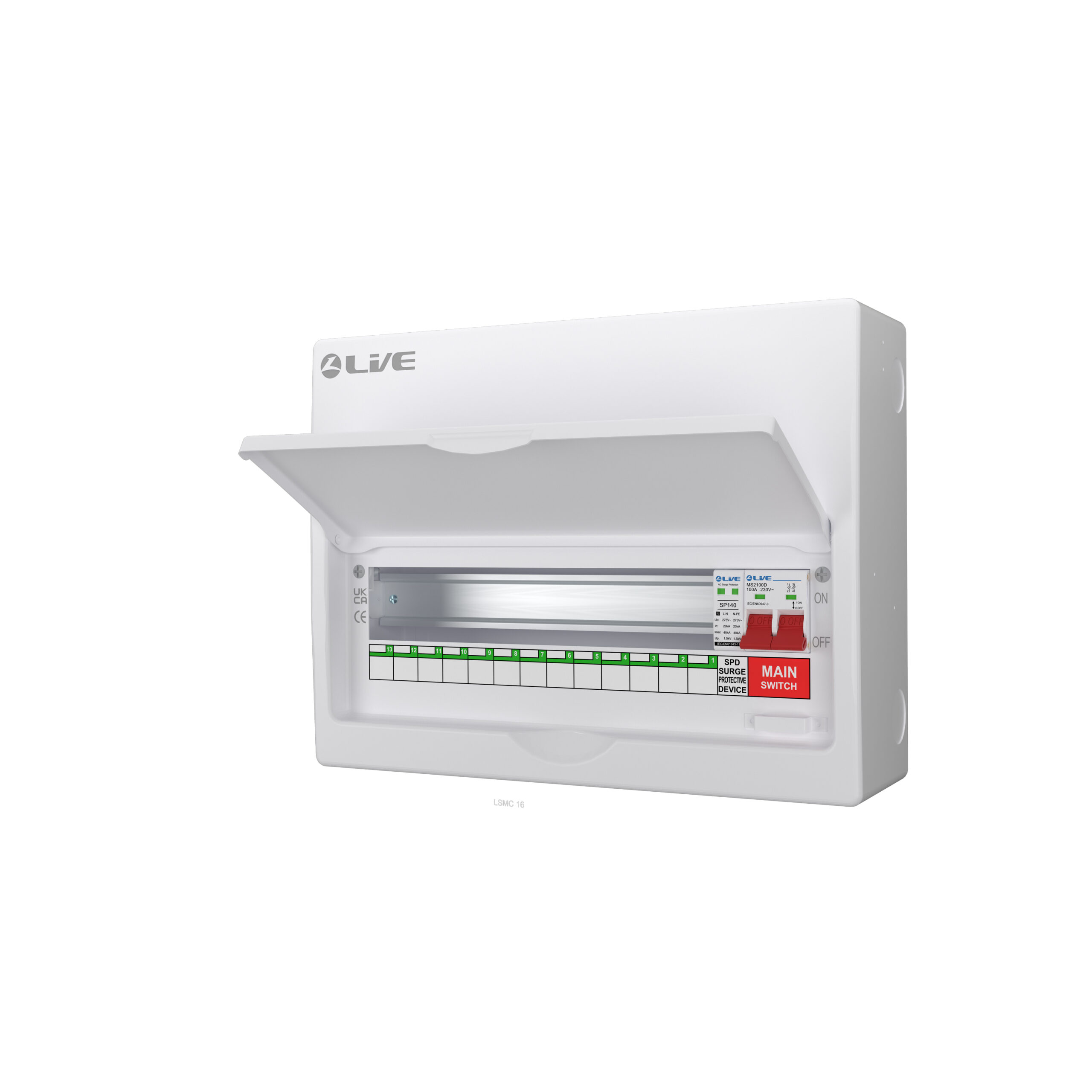 Live LSMC16M-SP 16 Way (13 Usable Way) Metal Clad Surge Protection Consumer Unit 100A Main Switch