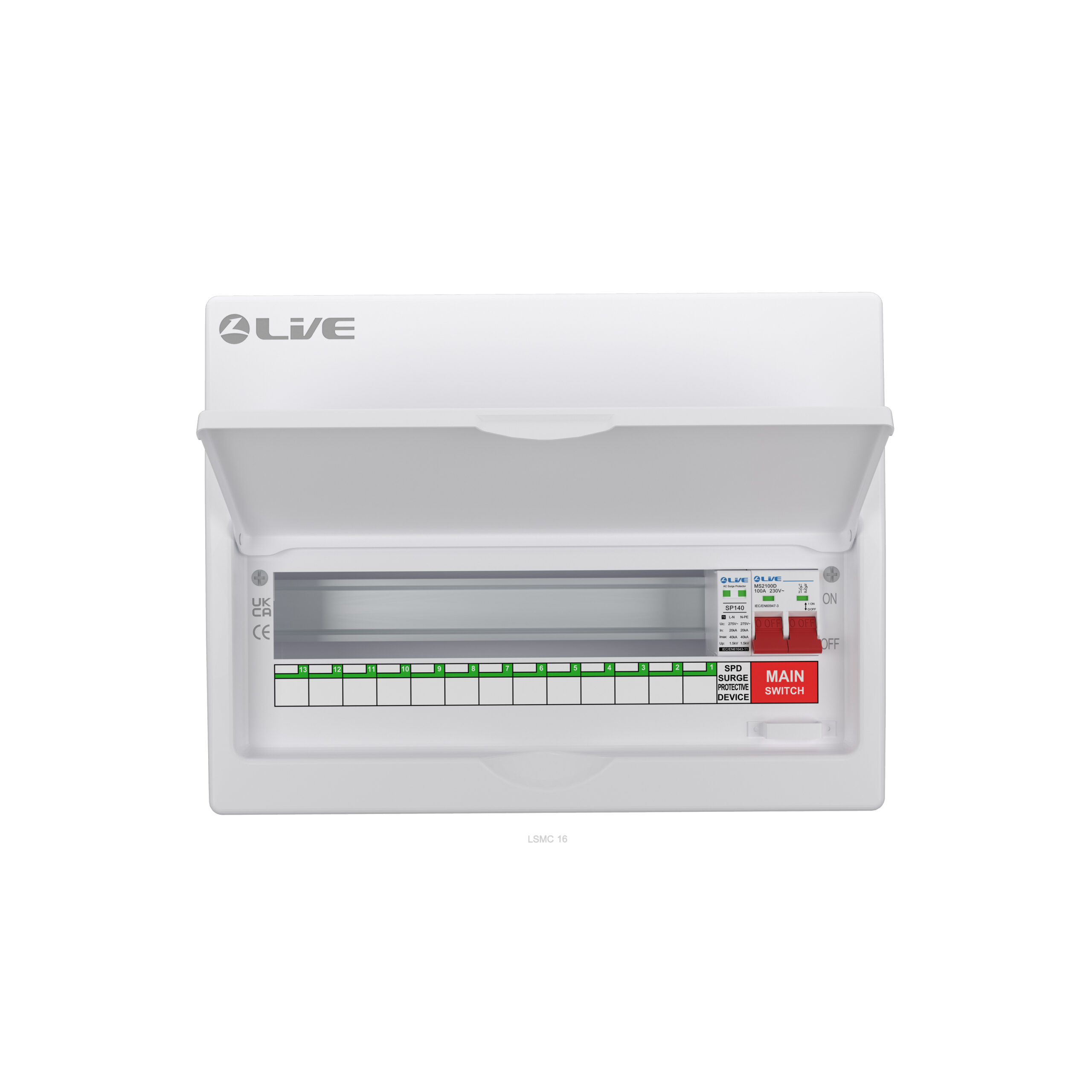 Live LSMC16M-SP 16 Way (13 Usable Way) Metal Clad Surge Protection Consumer Unit 100A Main Switch