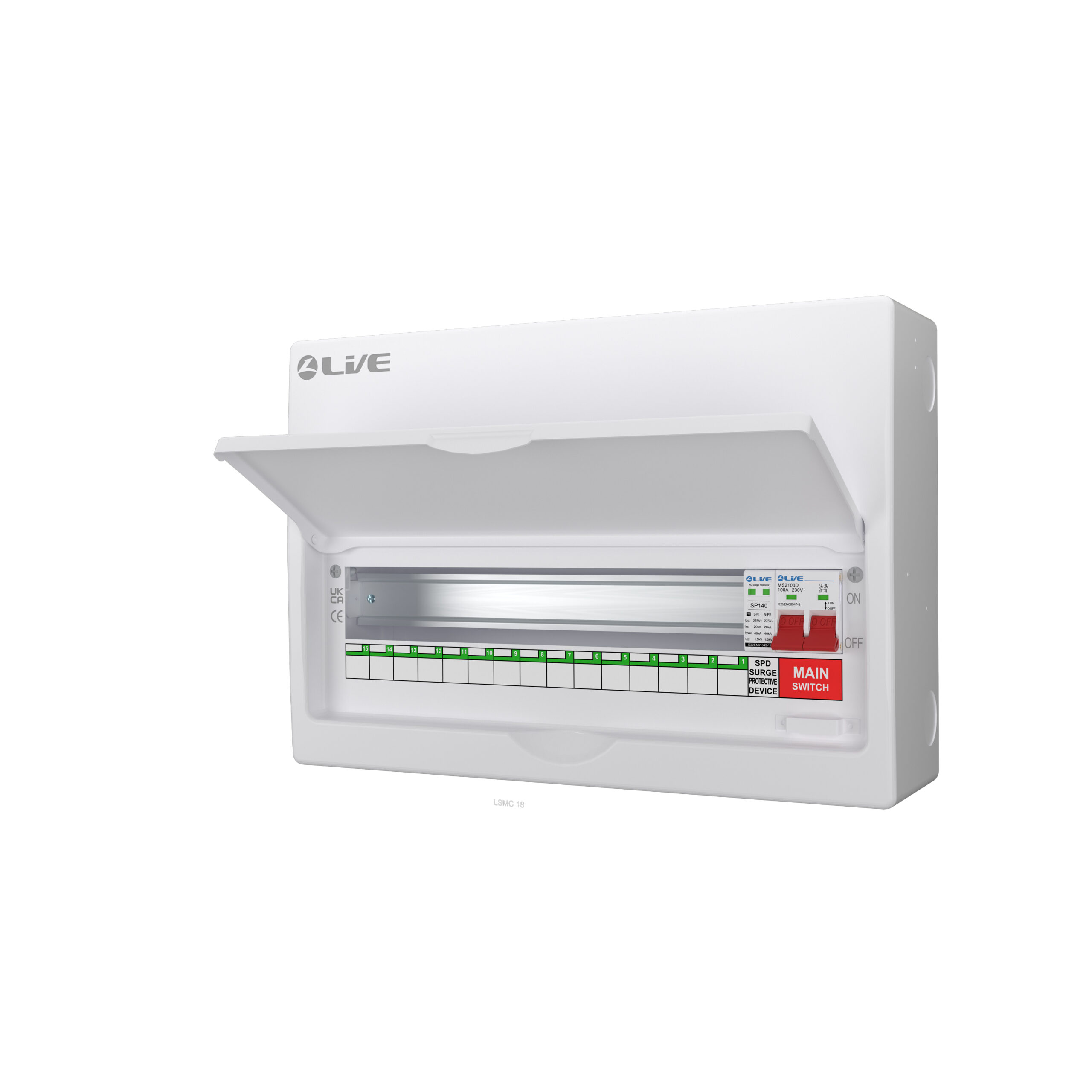 Live LSMC18M-SP 18 Way (15 Usable Way) Metal Clad Surge Protection Consumer Unit 100A Main Switch