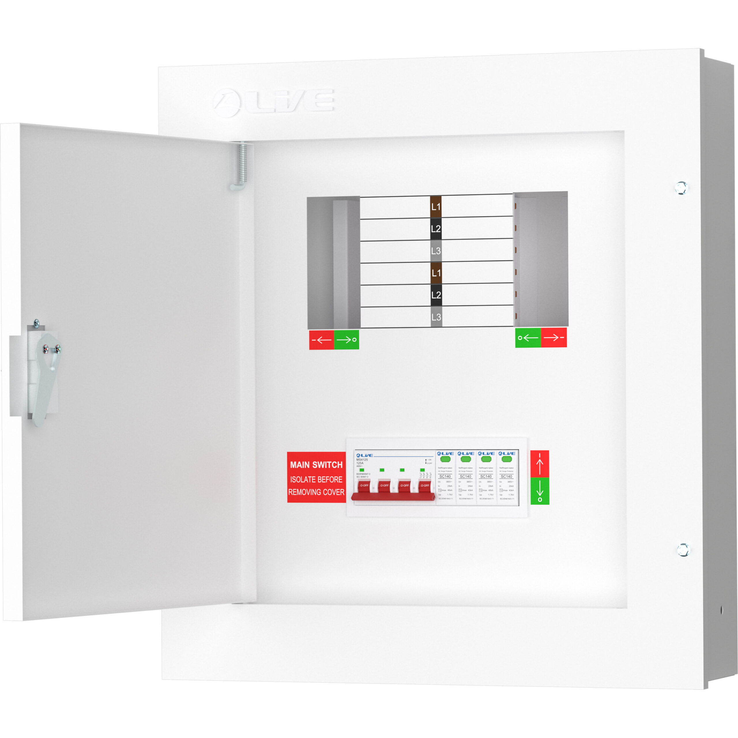 Live Electrical TPN04-125S 125 Amp 4 Way TPN Distribution Board with SPD