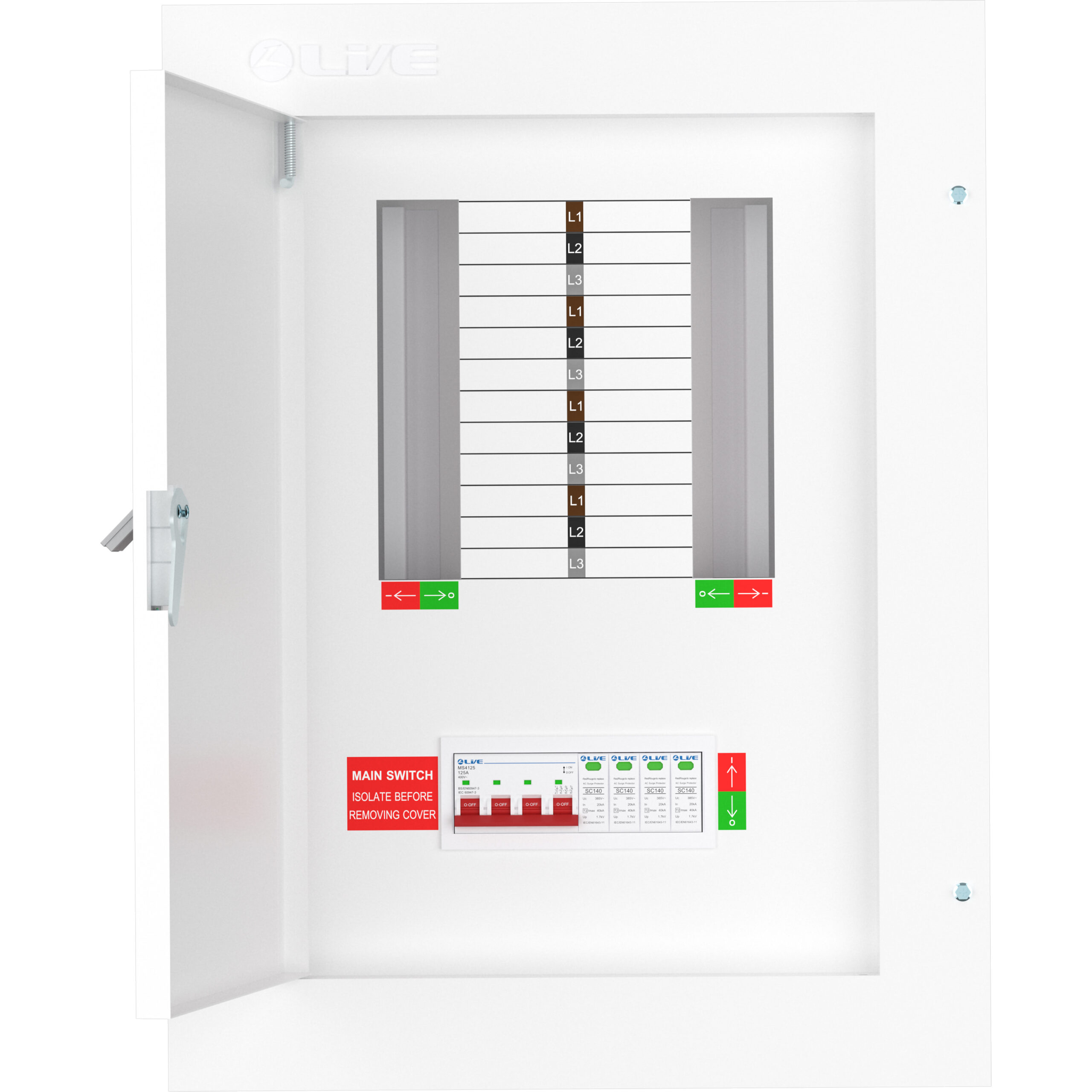 Live Electrical TPN08-125S 125 Amp 8 Way TPN Distribution Board with SPD