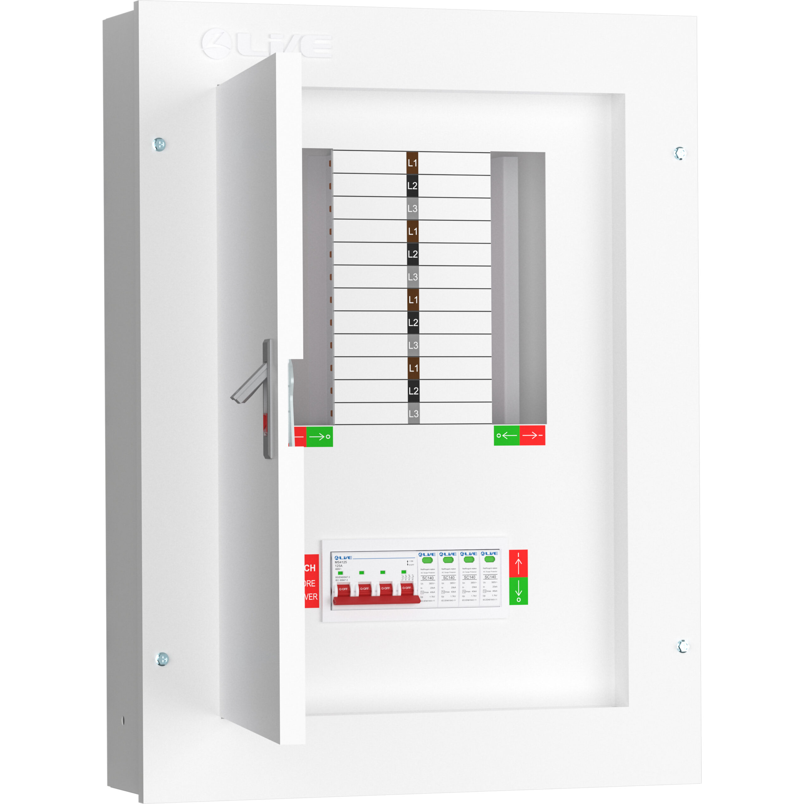 Live Electrical TPN08-125S 125 Amp 8 Way TPN Distribution Board with SPD