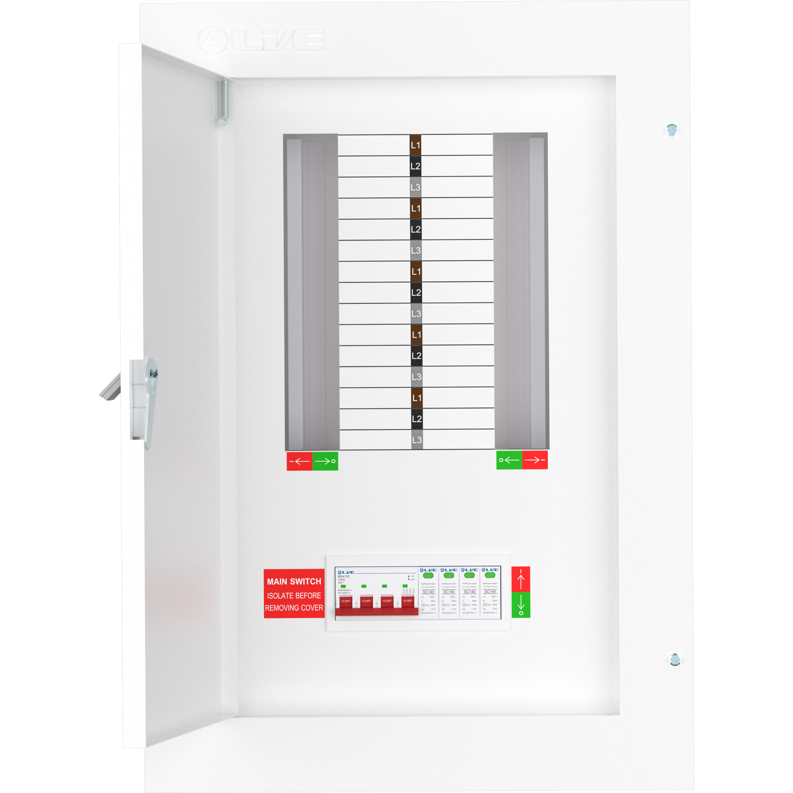Live Electrical TPN10-125S 125 Amp 8 Way TPN Distribution Board with SPD