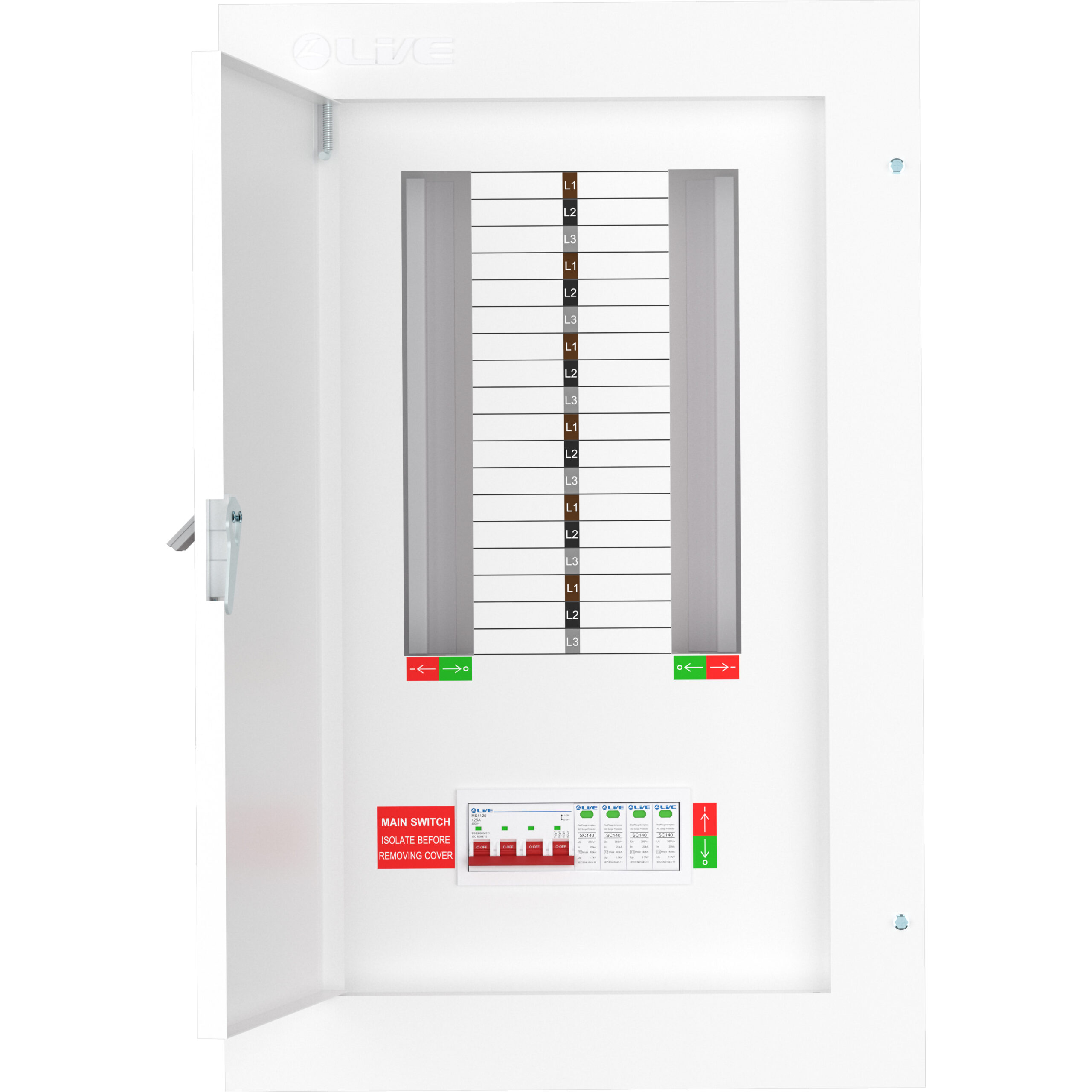 Live Electrical TPN12-125S 125 Amp 12 Way TPN Distribution Board with SPD