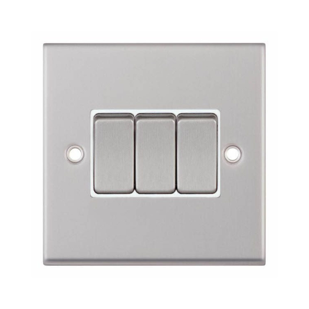 Selectric 7MPRO-103 Satin Chrome 3 Gang 10A 2 Way Switch with White Insert