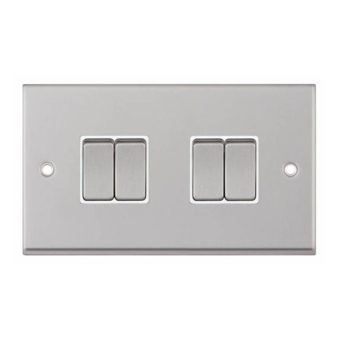 Selectric 7MPRO-104 Satin Chrome 4 Gang 10A 2 Way Switch with White Insert