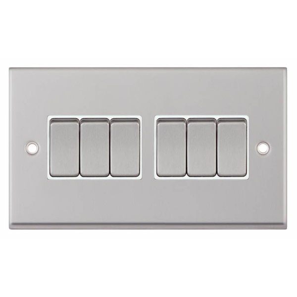 Selectric 7MPRO-105 Satin Chrome 6 Gang 10A 2 Way Switch with White Insert