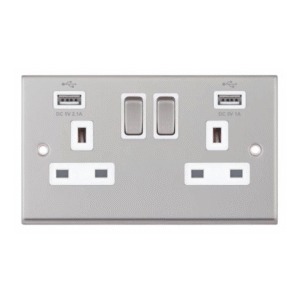 Selectric 7MPRO-161 Satin Chrome 2 Gang 13A Switched Socket with USB Outlet and White Insert