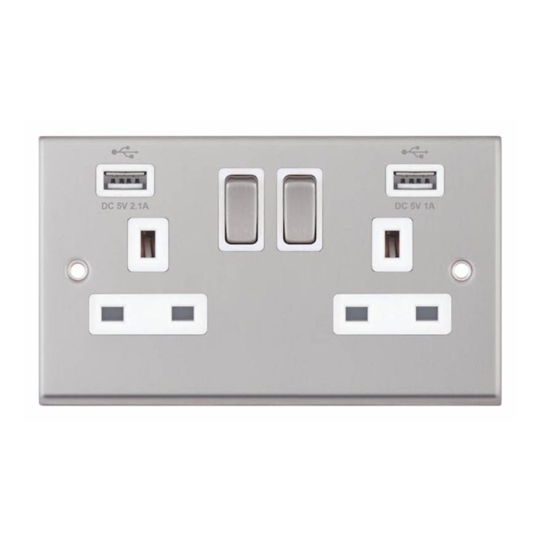 Selectric 7MPRO-161 Satin Chrome 2 Gang 13A Switched Socket with USB Outlet and White Insert