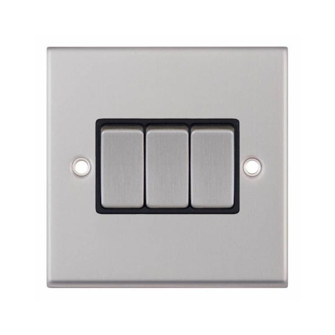 Selectric 7MPRO-203 Satin Chrome 3 Gang 10A 2 Way Switch with Black Insert