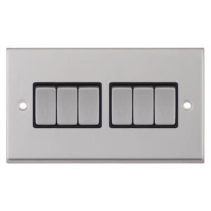 Selectric 7MPRO-205 Satin Chrome 6 Gang 10A 2 Way Switch with Black Insert