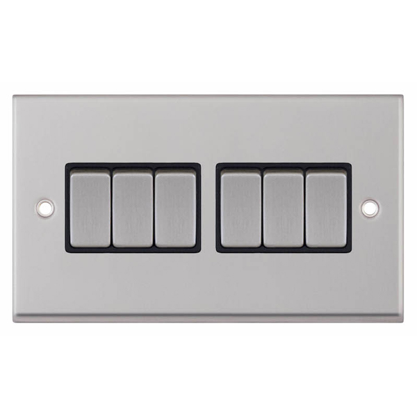 Selectric 7MPRO-205 Satin Chrome 6 Gang 10A 2 Way Switch with Black Insert