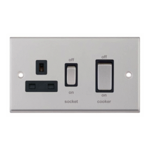Selectric 7M-Pro Satin Chrome 45A DP Switch and 13A Switched Socket with Black Insert