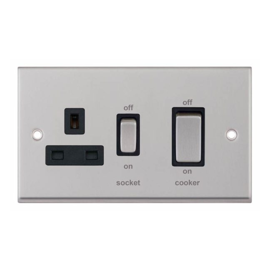 Selectric 7M-Pro Satin Chrome 45A DP Switch and 13A Switched Socket with Black Insert