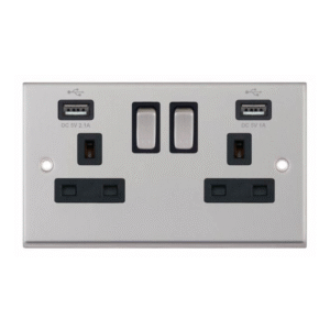 Selectric 7MPRO-261 Satin Chrome 2 Gang 13A Switched Socket with USB Outlet and Black Insert
