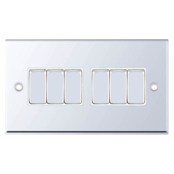 Selectric 7MPRO-305 Polished Chrome 6 Gang 10A 2 Way Switch with White Insert