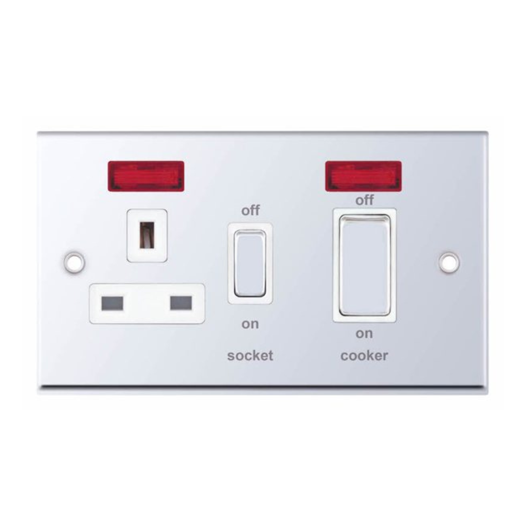Selectric 7MPRO-331 Polished Chrome 45A DP Switch and 13A Switched Socket with White Insert