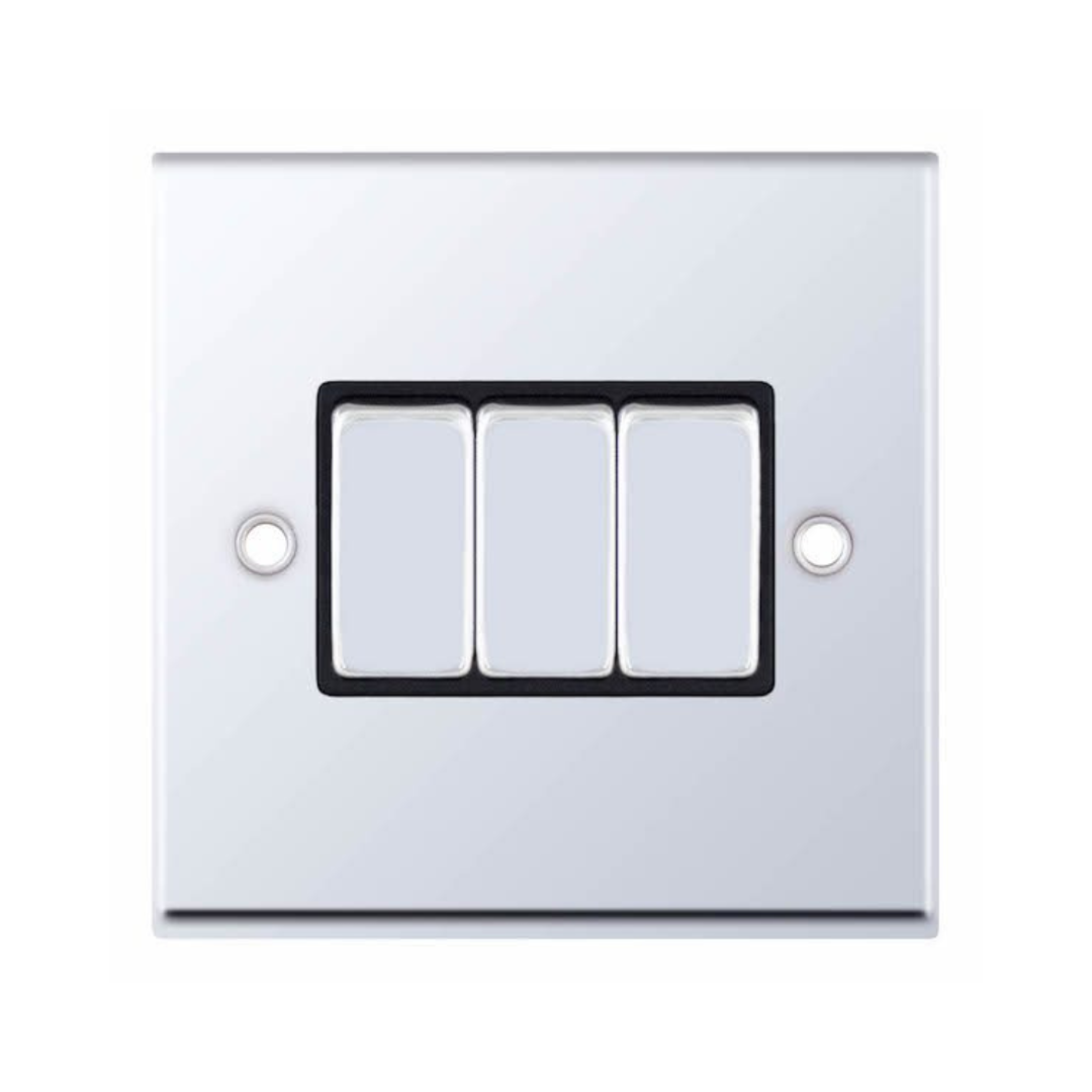 Selectric 7MPRO-503 Polished Chrome 3 Gang 10A 2 Way Switch with Black Insert