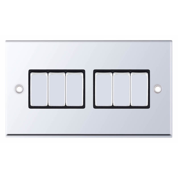 Selectric 7MPRO-505 Polished Chrome 6 Gang 10A 2 Way Switch with Black Insert