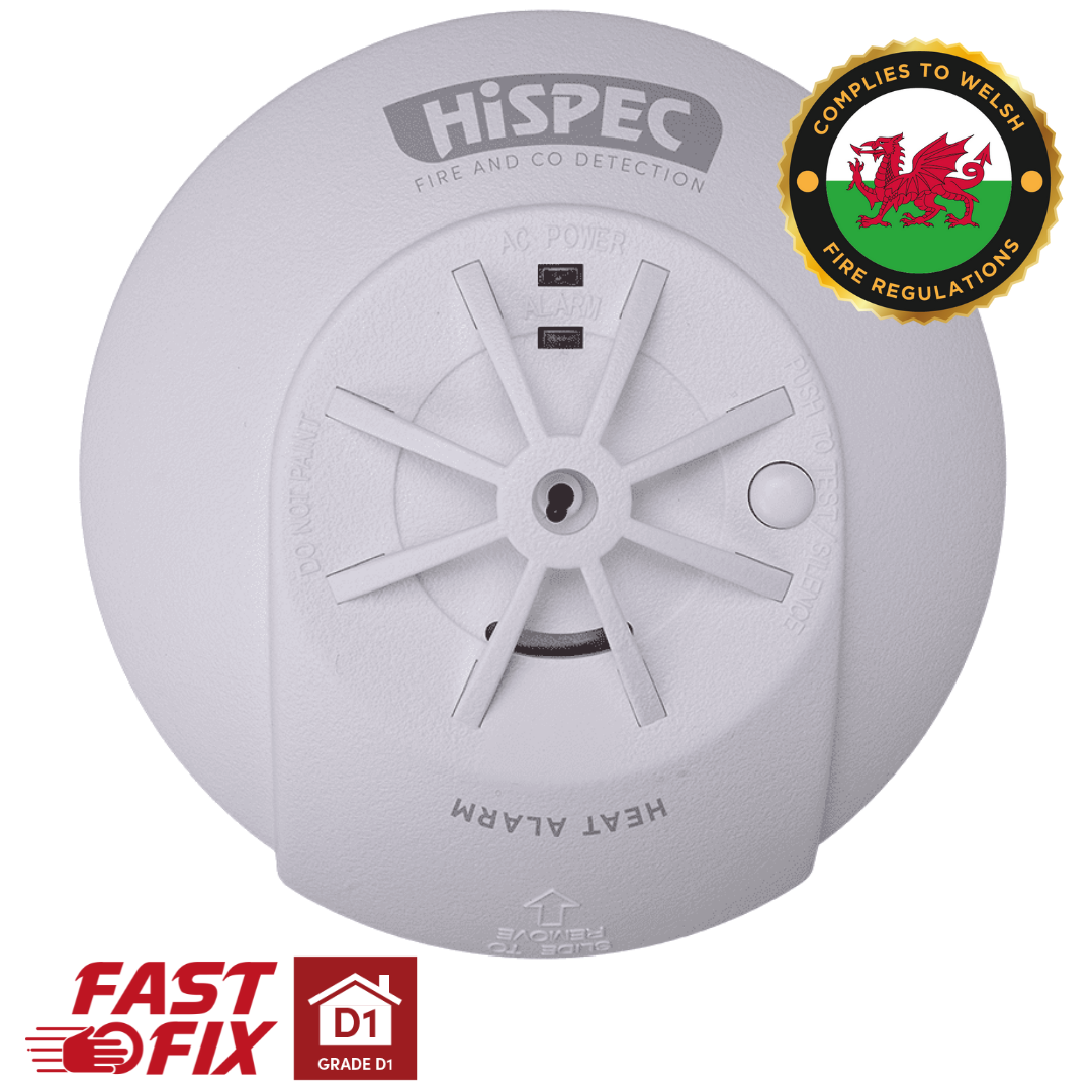 Hispec Interconnectable Fast Fix Mains Heat Detector with 10 Year Rechargeable Lithium Battery Backup HSSA/HE/FF10