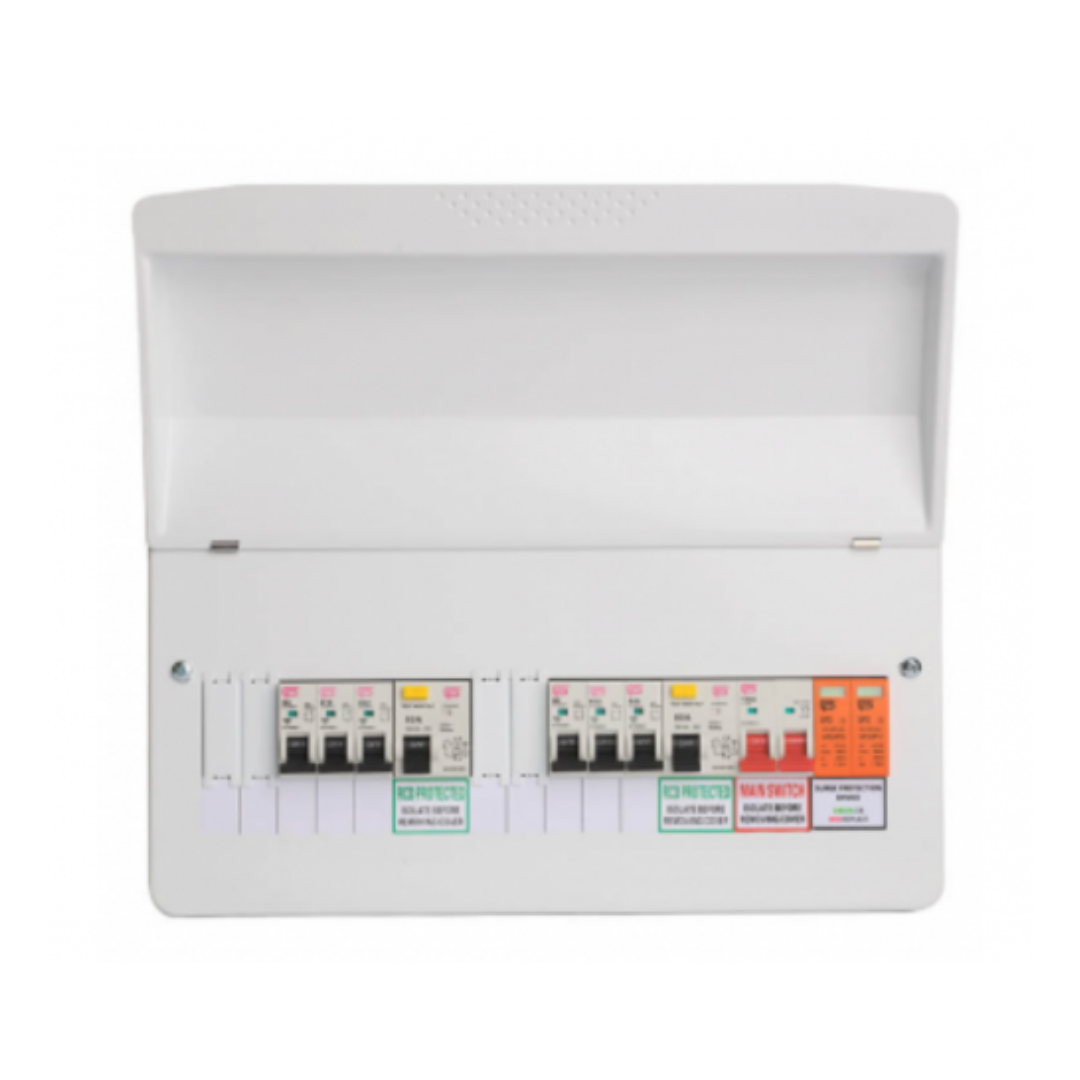 Fusebox F210PMXA 18 Module 10 Way Populated + 100A Switch, 2x80A Type A 30mA RCD & T2 SPD & 6xMCB's