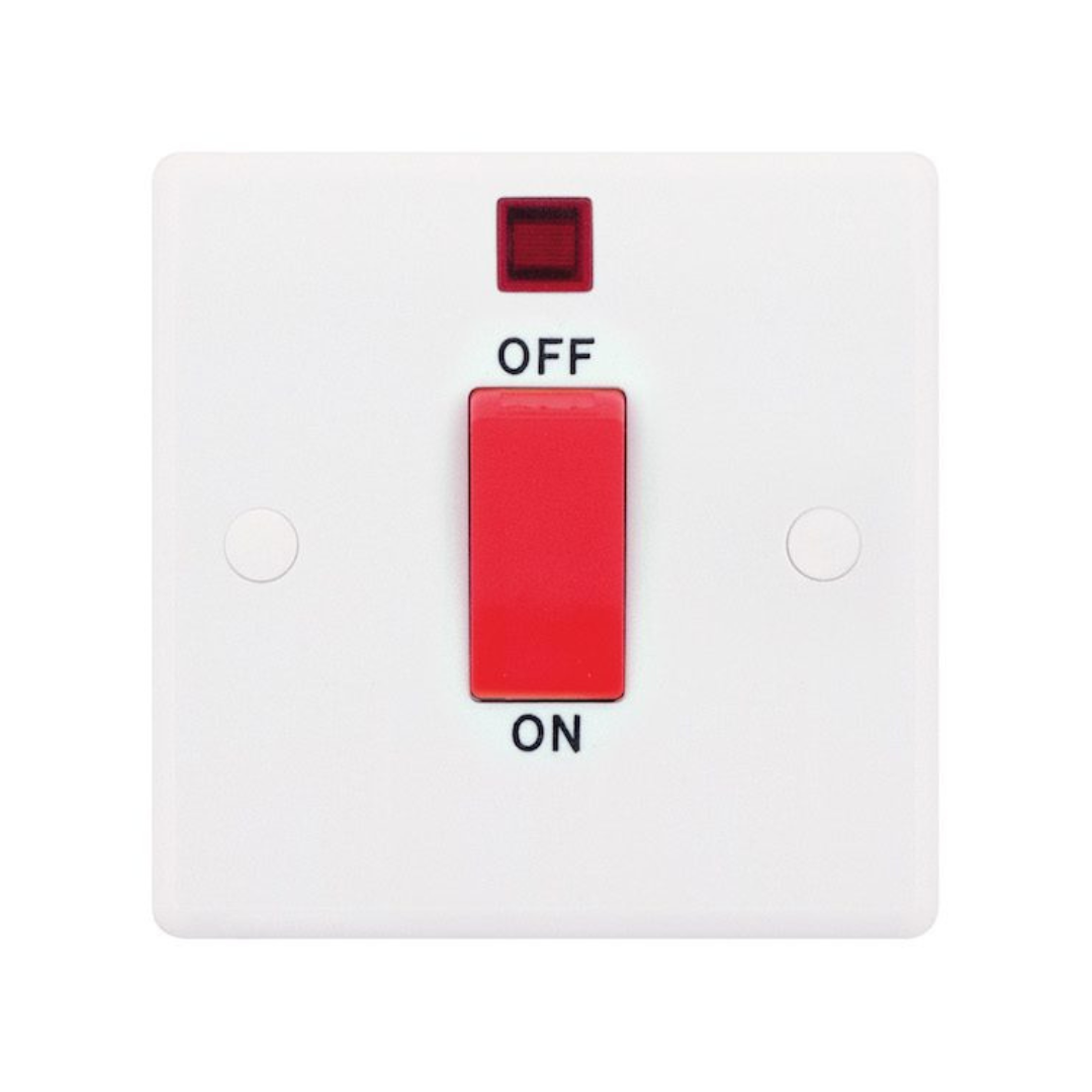 Selectric SSL517 Smooth | White | 45A | 1 Gang 2 Pole Neon Red Rocker Plate Switch