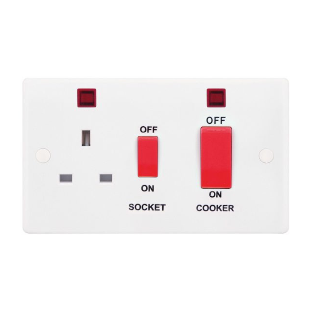 Selectric Smooth 45A DP Switch and 13A Switched Socket with Neon and Red Rockers