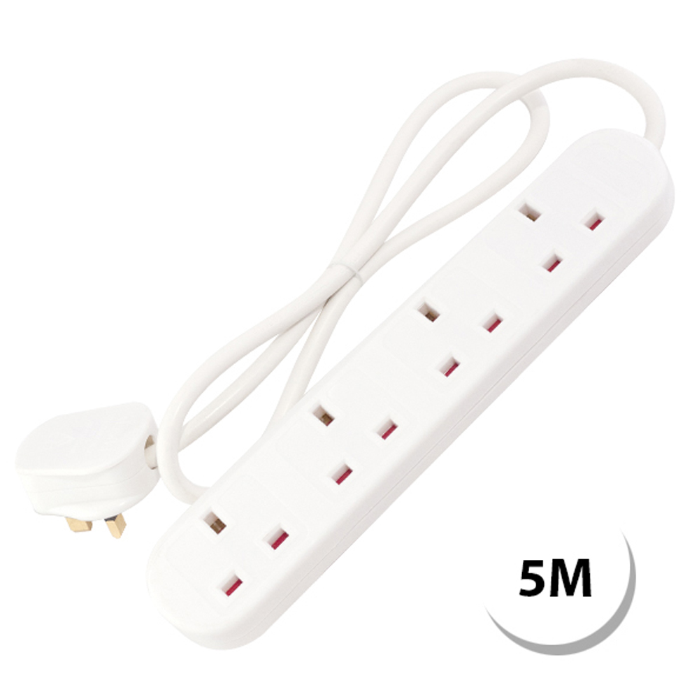 Selectric 4 Gang 13 Amp Round Edged Extension Lead with 5 Metre Lead Unswitched White